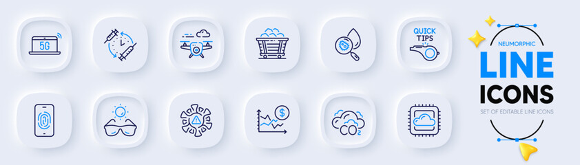 Tutorials, Sunglasses and 5g notebook line icons for web app. Pack of Cloud computing, Drone, Dollar rate pictogram icons. Vaccination schedule, Water analysis, Coronavirus signs. Vector