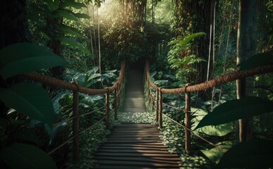 Jungle rope bridge hanging in tropical rainforest, rainforest with deep jungle, lush green foliage, Generative AI
