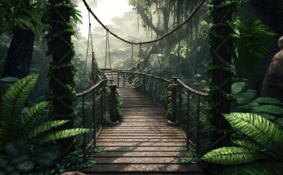 Fototapeta Jungle rope bridge hanging in tropical rainforest, rainforest with deep jungle, lush green foliage, Generative AI