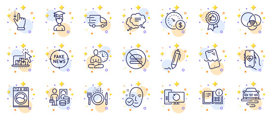 Outline set of Last minute, Text message and Euler diagram line icons for web app. Include Health skin, Washing machine, Recovery computer pictogram icons. Health app, Food. Vector