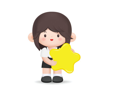 3D cartoon cute woman holding a big star. Customer review rating and client feedback concept. 3d vector character illustration.