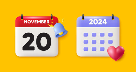 Calendar date 3d icon. 20th day of the month icon. Event schedule date. Meeting appointment time. 20th day of November month. Calendar event reminder date. Vector