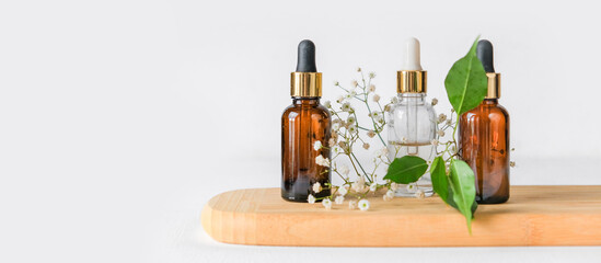 Banner Natural medicine, organic cosmetics, cosmetic product research, organic skin care products. Top view, flat lay. Skin care concept. Dermatology.
