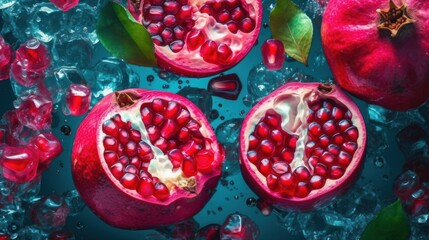 pomegranate fruit on a wet background in pieces of ice, red juicy fruit. generative ai - obrazy, fototapety, plakaty