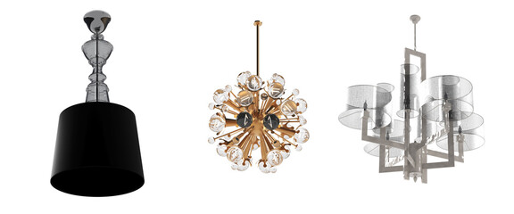 chandelier on the ceiling isolated on white background, hanging lamp, pendant light, 3D illustration, cg render