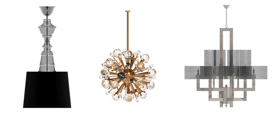 chandelier on the ceiling isolated on white background, hanging lamp, pendant light, 3D illustration, cg render