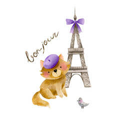 Watercolor illustration with a cute cat in Paris. Funny cat in a purple beret. A walk through Paris, a stylish cat in a hat. Fashion illustration with a kitten. © Natasha