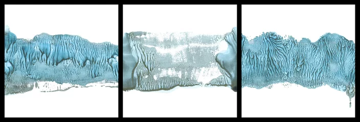 Zelfklevend Fotobehang Set Abstract watercolor and acrylic flow blot smear painting. Blue landscape. Color canvas monotype texture background. © Liliia