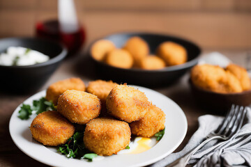 Croquetas Typical Spanish fried food served with sauce on a white plate