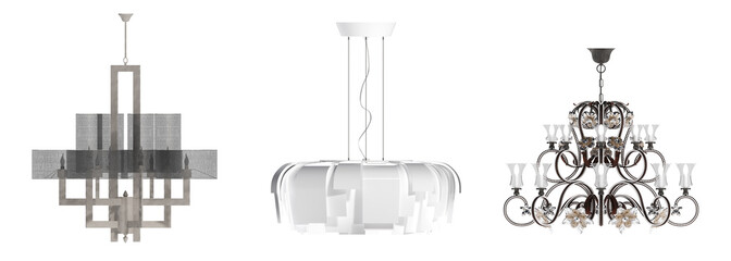 chandelier on the ceiling isolated on white background, hanging lamp, pendant light, 3D illustration, cg render