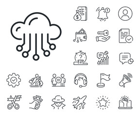 Big data sign. Salaryman, gender equality and alert bell outline icons. Cloud storage service line icon. Cloud storage line sign. Spy or profile placeholder icon. Online support, strike. Vector
