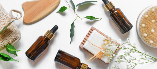 Banner Natural medicine, organic cosmetics, cosmetic product research, organic skin care products. Top view, flat lay. Skin care concept. Dermatology.