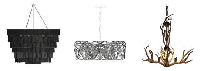 chandelier on the ceiling isolated on transparent background, hanging lamp, pendant light, 3D illustration, cg render