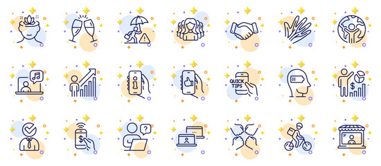 Outline set of Veins, Delivery bike and Education line icons for web app. Include Support, Global business, Phone payment pictogram icons. Vacancy, Squad, Women group signs. Music. Vector
