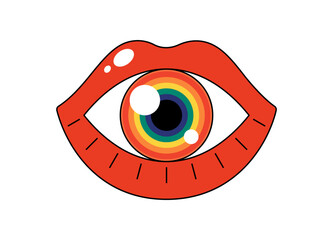 Retro groovy opened mouth with rainbow color eye. Hippy glossy red open lips and iridescent pupil. Funky female lip with lipstick and floret. Crazy vintage hippie sticker. Trendy y2k pop art eps patch