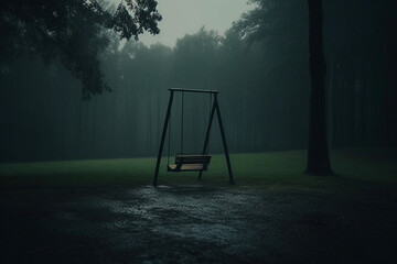 lone one swinging on a swing it rained cinematic Generative AI - obrazy, fototapety, plakaty