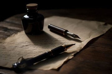 a piece of paper and a leaked fountain pen on the table Generative AI