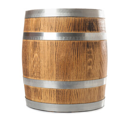 Oak barrel with metal hoops isolated on white background