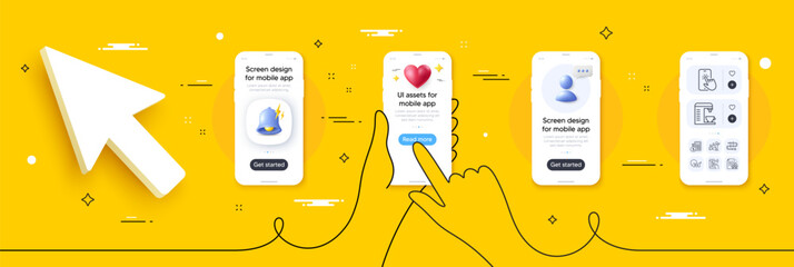 Coffee machine, Finance calculator and Full rotation line icons pack. Phone screen mockup with 3d alert bell, health and headshot. Lease contract, Bitcoin pay, Survey progress web icon. Vector