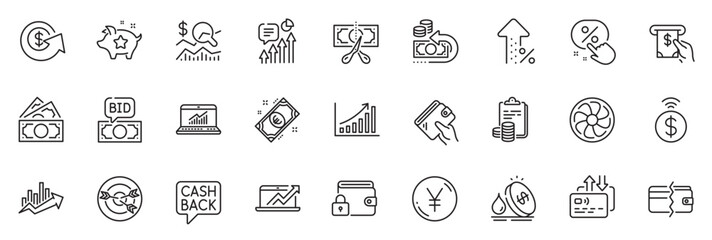 Fototapeta na wymiar Icons pack as Wallet, Check investment and Contactless payment line icons for app include Targeting, Money transfer, Increasing percent outline thin icon web set. Payment methods. Vector
