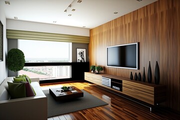 Fototapeta premium modern living room with a sleek flat screen TV as the focal point. Generative AI