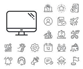 PC component sign. Salaryman, gender equality and alert bell outline icons. Computer line icon. Monitor symbol. Computer line sign. Spy or profile placeholder icon. Online support, strike. Vector