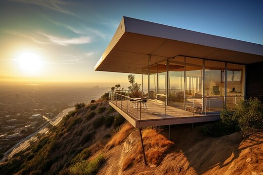 Villa eines Million&auml;res in den H&uuml;geln von Los Angeles mit Plick auf die Stadt / Pazifik, generative AI