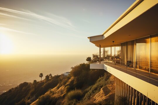 Villa eines Million&auml;res in den H&uuml;geln von Los Angeles mit Plick auf die Stadt / Pazifik, generative AI