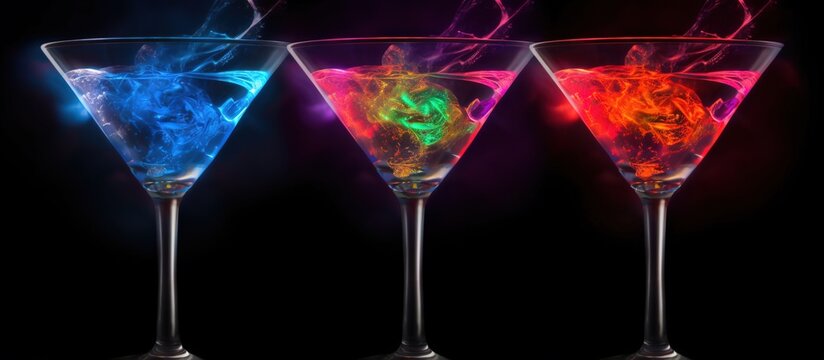 Several glasses of famous cocktail Martini, shot at a bar with dark background.