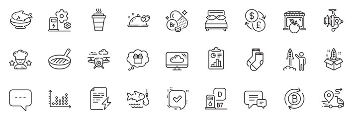 Fototapeta na wymiar Icons pack as Gift dream, Launch project and Refresh bitcoin line icons for app include Power certificate, Confirmed, Report outline thin icon web set. Pillows, Cloud storage. Vector