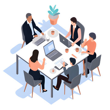 Dynamic vector illustration depicting a business meeting around a single table, showcasing collaboration and teamwork in a professional setting.
