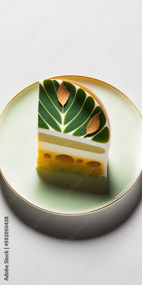 Poster image of a yellow cake in close-up from the front, with a green leaf pattern within a white dish. ge