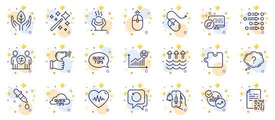 Outline set of Evaporation, Electronic thermometer and Vaccine announcement line icons for web app. Include Difficult stress, Question mark, Quickstart guide pictogram icons. Puzzle. Vector