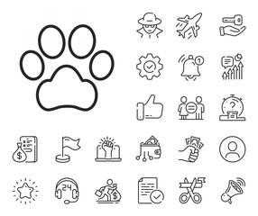 Pets care sign. Salaryman, gender equality and alert bell outline icons. Dog paw line icon. Animal step symbol. Dog paw line sign. Spy or profile placeholder icon. Online support, strike. Vector