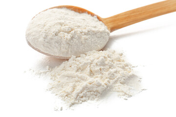 Fototapeta na wymiar Wooden spoon with wheat flour isolated on white background, closeup