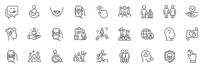 Icons pack as Parking app, Touchpoint and Approved line icons for app include Medical staff, Survey, Yummy smile outline thin icon web set. Chin, Cough, Leadership pictogram. 5g internet. Vector