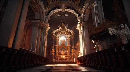 illustration of the interior of a church.