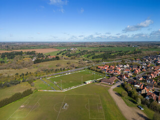 An aerial view of Nottcutts Park, home of Woodbridge Town Football Club in Suffolk, UK
