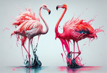 Two pink flamingos and water splashing abstract watercolor, Generative AI