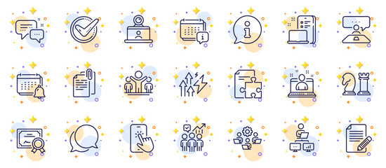 Fototapeta na wymiar Outline set of Document attachment, Interview job and Teamwork line icons for web app. Include Work home, Device, Strategy pictogram icons. Info, Certificate, Energy inflation signs. Vector