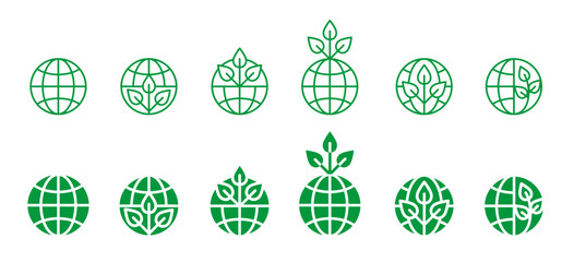 save the earth growing plant on globe logo symbol line icon set Environment eco related nature recycle outline vector sign green illustration graphic design