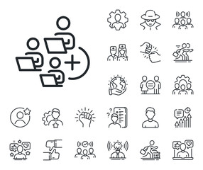 Teamwork sign. Specialist, doctor and job competition outline icons. Add team line icon. Remote team employees symbol. Add team line sign. Avatar placeholder, spy headshot icon. Strike leader. Vector