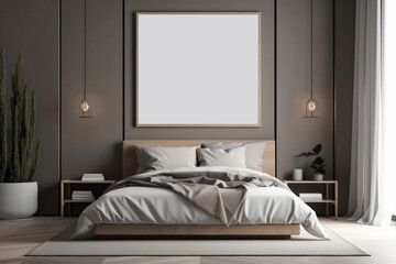 Stylish bedroom design with a mockup poster on the wall and a comfortable bed, adding a touch of elegance and simplicity to the space. AI Generative.