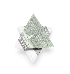 Origami David star made of dollar banknotes on white background