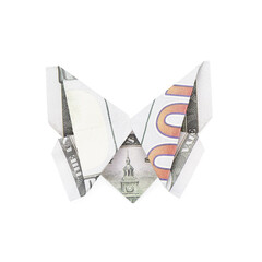 Origami butterfly made of dollar banknotes on white background