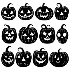 Set of 12 creepy pumpkin vector silhouette for halloween