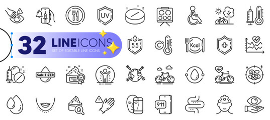 Outline set of Uv protection, Vaccine announcement and Thermometer line icons for web with Ph neutral, Use gloves, Bike thin icon. Calories, Oil drop, Medical tablet pictogram icon. Vector