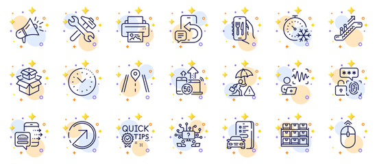 Outline set of Freezing timer, Risk management and Repair line icons for web app. Include Biometric security, Restaurant app, Phone message pictogram icons. Megaphone, Car registration. Vector