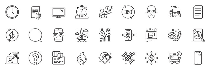 Fototapeta na wymiar Icons pack as Speech bubble, Monitor and 360 degrees line icons for app include Face recognition, Green electricity, Boxes pallet outline thin icon web set. Time, Document. Vector