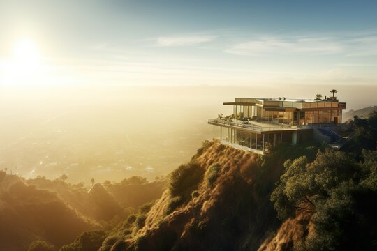 Villa eines Million&auml;res in den H&uuml;geln von Los Angeles mit Plick auf die Stadt / Pazifik, generative AI